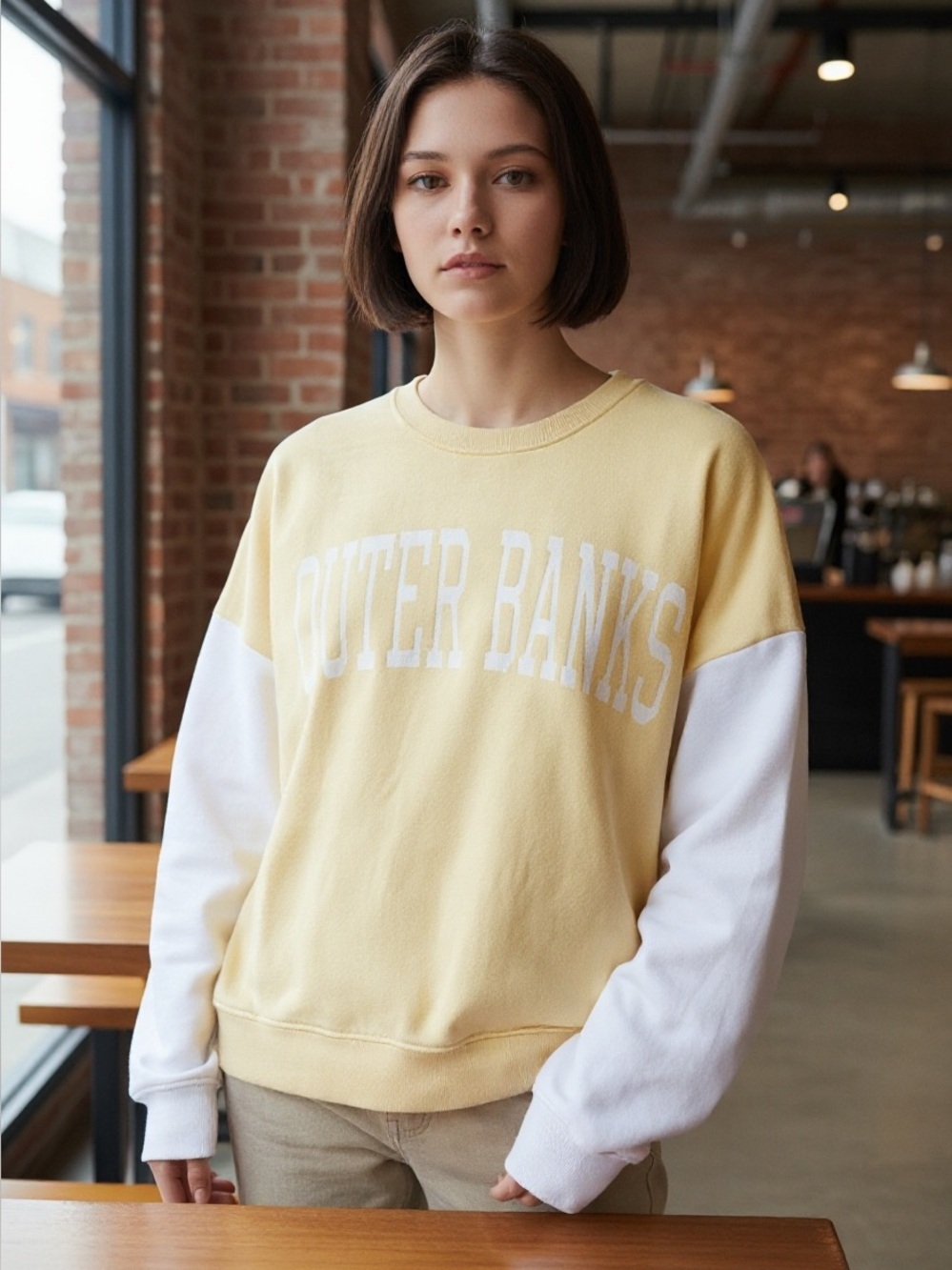 Outer Banks Yellow and White Colorblock Crewneck Sweater